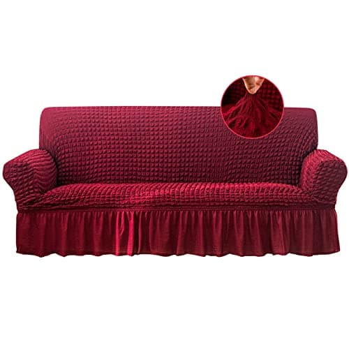Jeloris Stretch Loveseat Slipcover, Durable Kids & Pet-Friendly Sofa Cover (Medium, Khaki) — Burgundy
