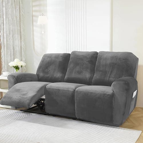 NORTHERN BROTHERS Stretch Velvet Recliner Sofa Cover, 3 Seater, Light Grey