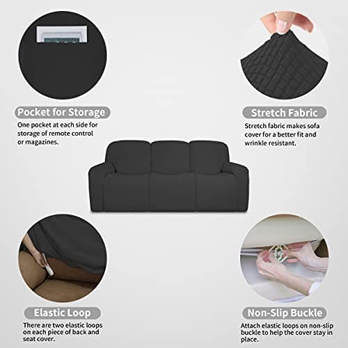Dual Waterproof 100% Stretch Recliner Sofa Cover, 8-Piece Jacquard Slipcover (Dark Gray, 3 Seat Sofa)