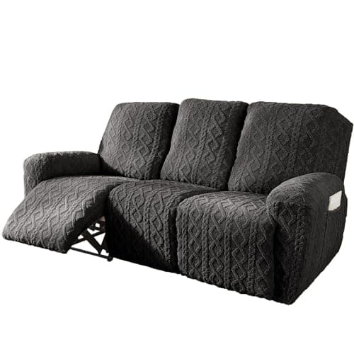 Cream 4-Piece Geometric Jacquard Plush Recliner Slipcovers for Couch (Kids, Cats, Dogs) — Dark Grey
