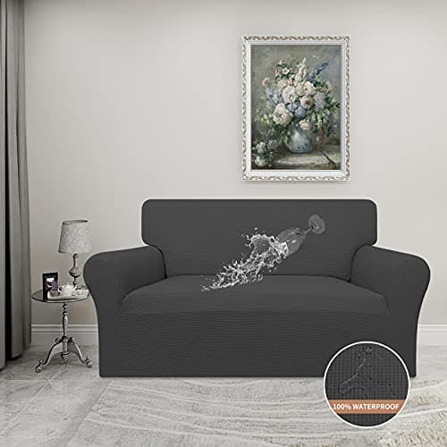 100% Waterproof Loveseat Couch Cover, Dual Stretch Jacquard Slipcover, Leakproof Protector for Kids and Pets (Dark Gray)