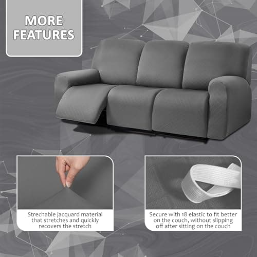 ULTICOR Squared Jacquard Design 3 Seater Recliner Sofa Covers, Dark Grey