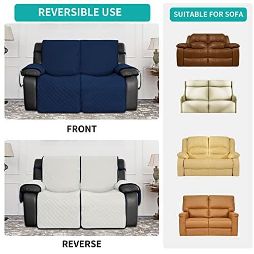 EASY-WASH Waterproof Recliner Loveseat Sofa Cover, Navy/Ivory