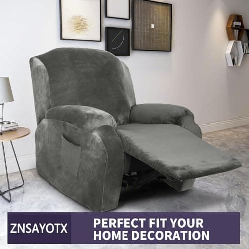 ZNSAYOTX Thicker Soft Grey Velvet Recliner Cover with Side Pockets