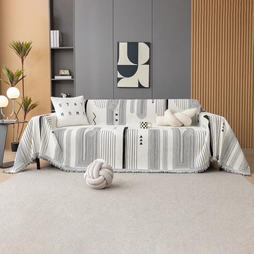 DREAMINGO Thickened Chenille Couch Cover, X-Large Brown, Multi-Use Dog and Cat Protector — B2# French Stripe Black