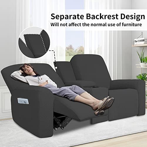 Dark Gray 1 Piece Stretch Reclining Loveseat Slipcover with Middle Console and Storage