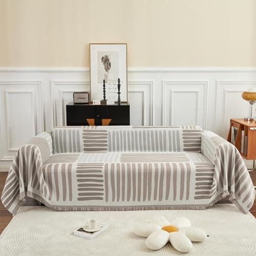 ROOMLIFE Reversible Sofa Covers for 3 Seat Reclining Futon - Washable Kids & Pet Protector 71"x134" — Khaki Stripe*