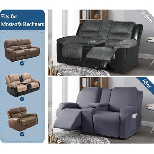 Light Grey Stretch Recliner Sofa Slipcover with Console