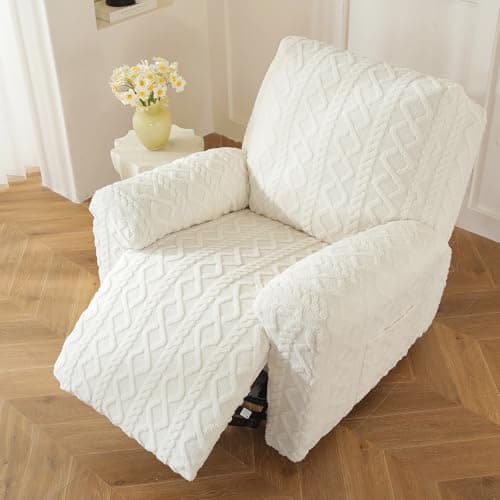 Cream 4-Piece Geometric Jacquard Plush Recliner Slipcovers for Couch (Kids, Cats, Dogs)