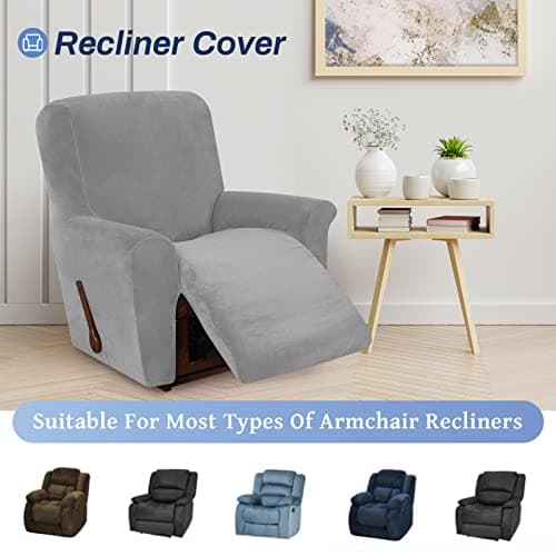 Silver Grey Velvet High Stretch Recliner Chair Cover, Washable Protector with Non-Slip Bottom