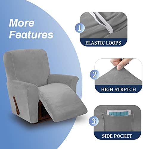 Silver Grey Velvet High Stretch Recliner Chair Cover, Washable Protector with Non-Slip Bottom