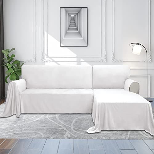 Luxury White Velvet Sectional Couch Cover, L-Shaped Sofa Slipcover (Small)