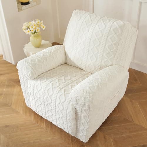 Cream 4-Piece Geometric Jacquard Plush Recliner Slipcovers for Couch (Kids, Cats, Dogs)