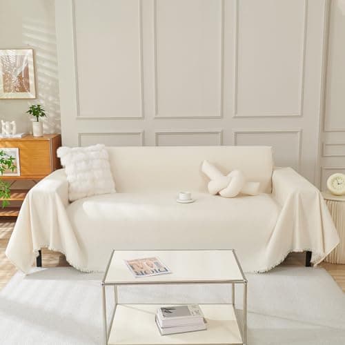 DREAMINGO Thickened Chenille Couch Cover, X-Large Brown, Multi-Use Dog and Cat Protector — B3# Solid Beige White