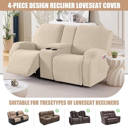 VANSOFY Stretch Reclining Sofa Cover for 2 Seat Jacquard Couch with Middle Console (Cream)