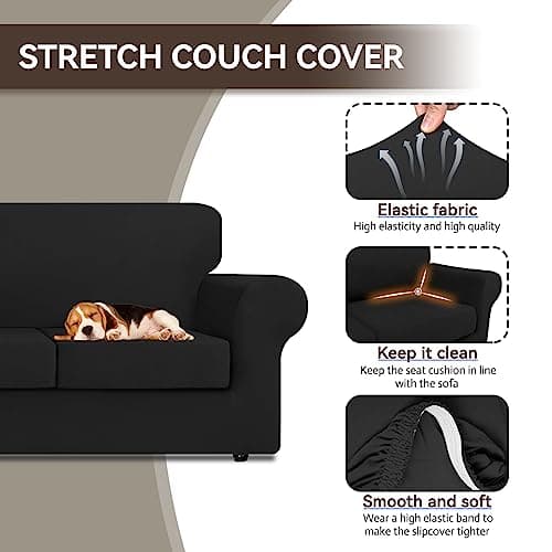KEKUOU 4-Piece Stretch Sofa Covers for 3 Cushion Couch, Pet-Friendly and Washable (Sofa, Black)