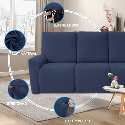 KEKUOU 3-Seat Recliner Sofa Stretch Slipcover (Navy Blue)