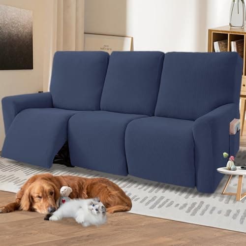 KEKUOU 3-Seat Recliner Sofa Stretch Slipcover (Navy Blue)