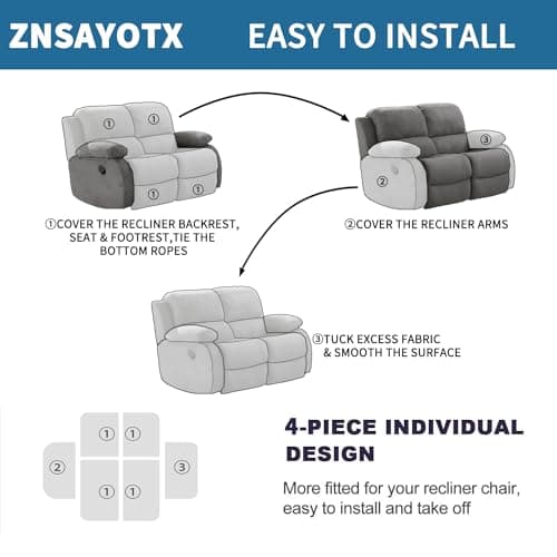 Light Gray Stretch Recliner Love Seat Cover 48-66", Elastic Ties, Washable