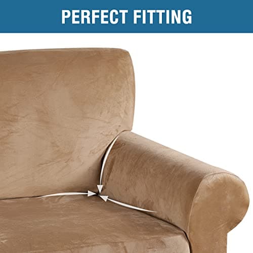 H.VERSAILTEX Stretch Velvet Loveseat Covers for 2 Cushion Couch (58"-72", Camel)