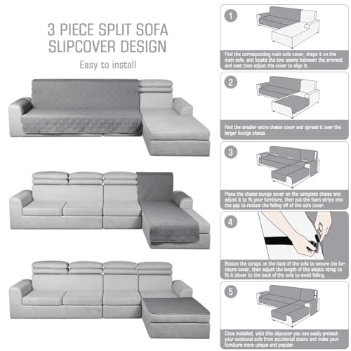 TAOCOCO Waterproof L-Shaped Sectional Sofa Covers, Large Gray, Reversible, Pet & Kids Protection