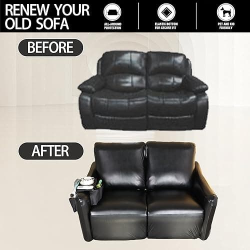 PU Leather Recliner Cover with Armrest Storage, 6-Piece Waterproof Sofa (Black)