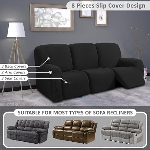 ULTICOR Jacquard Recliner Sofa Covers for 3 Cushion Recliners (Black)