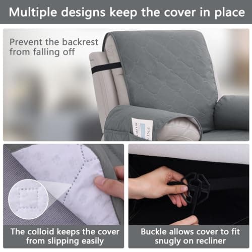 100% Waterproof Recliner Chair Covers, Non-Slip, Pet-Durable, with Pocket (Dark Grey)