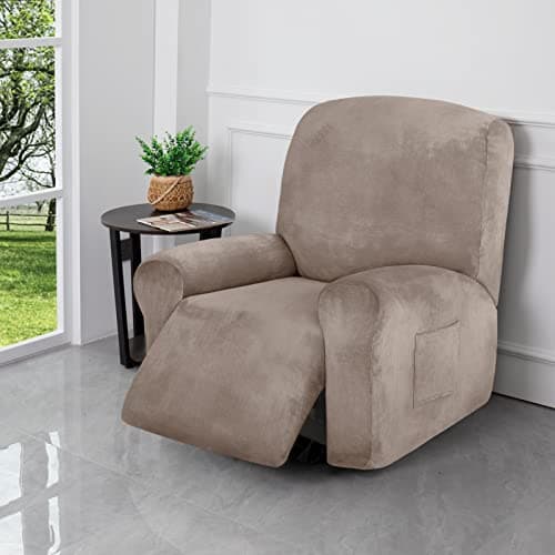 Taupe Velvet Recliner Chair Cover 4 Piece Stretch Slipcover