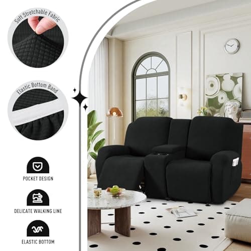 TAOCOCO Stretch Reclining Loveseat Cover, Black Jacquard Pattern