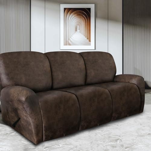 Leather Look 3-Seater Recliner Couch Cover, Brown, Spandex Fabric