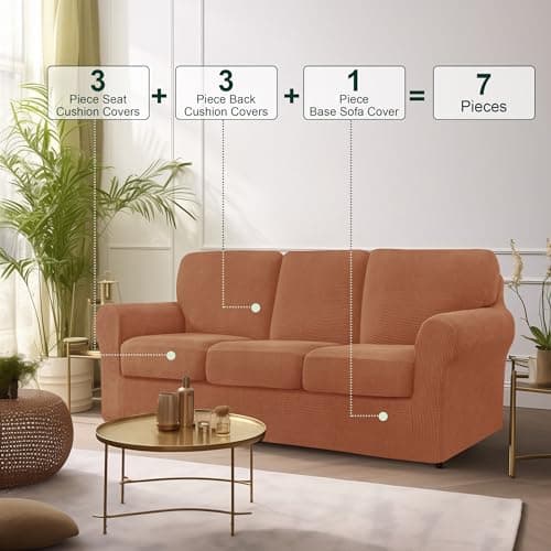 CHUN YI 7 Piece Stretch Couch Cover, 3 Seater with Elastic Backrests and Cushions(Large, Brick)