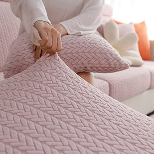 Elastic Couch & Sectional Slipcovers L-Shaped Chaise Grey/White Living Room Furniture Protector — A Wheat Pink