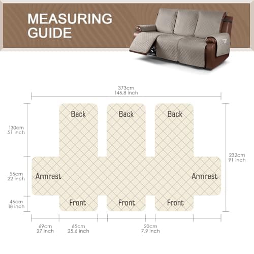 KinCam Waterproof Recliner Sofa Cover, Khaki, 3 Seat Recliner Furniture Protector