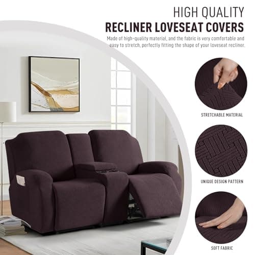 KinCam Loveseat Recliner Slipcover with Middle Console, Chocolate Stripe Protector (2 Seat Couch)