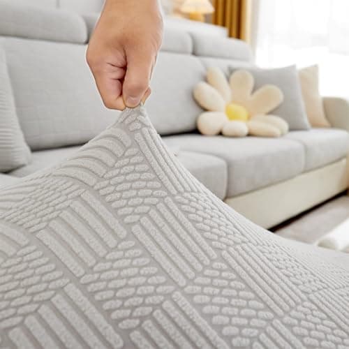 Elastic Couch & Sectional Slipcovers L-Shaped Chaise Grey/White Living Room Furniture Protector — A Biscuit Grey White