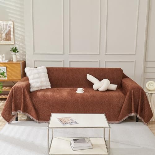 DREAMINGO Thickened Chenille Couch Cover, X-Large Brown, Multi-Use Dog and Cat Protector — B3# Solid Chocolate Brown
