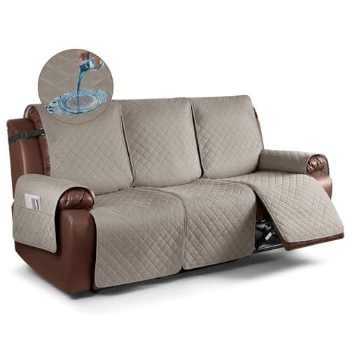 KinCam Waterproof Recliner Sofa Cover, Khaki, 3 Seat Recliner Furniture Protector