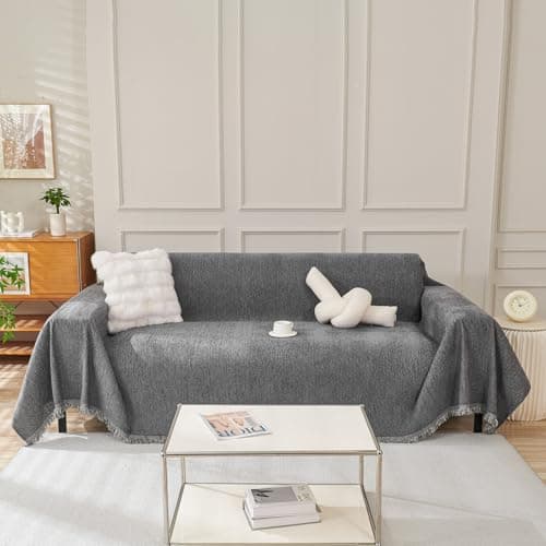 DREAMINGO Thickened Chenille Couch Cover, X-Large Brown, Multi-Use Dog and Cat Protector — B3# Solid Dark Grey