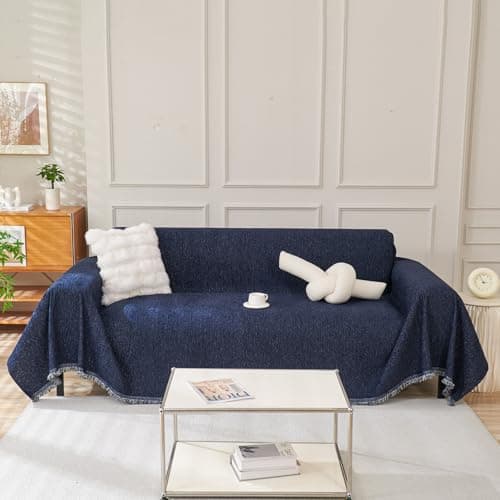 DREAMINGO Thickened Chenille Couch Cover, X-Large Brown, Multi-Use Dog and Cat Protector — B3# Solid Navy Blue