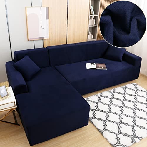Dark Grey Velvet Stretch Couch Covers for 3+3 Seater L-Shaped Sectionals (Anti-Slip) — Navy Blue