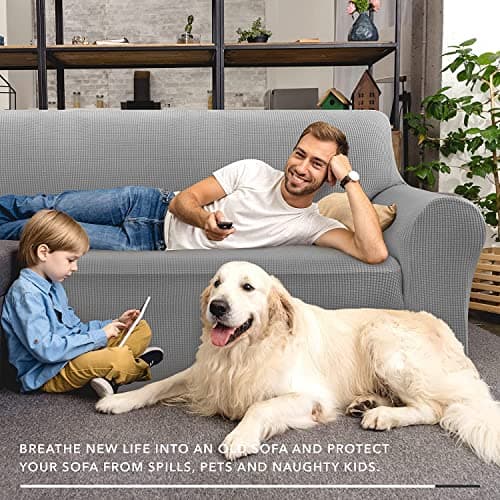 ZNSAYOTX Universal Sofa Cover for Living Room Dogs Pet Friendly Spandex Slipcover with Anti-Slip Foam Sticks (Light Grey
