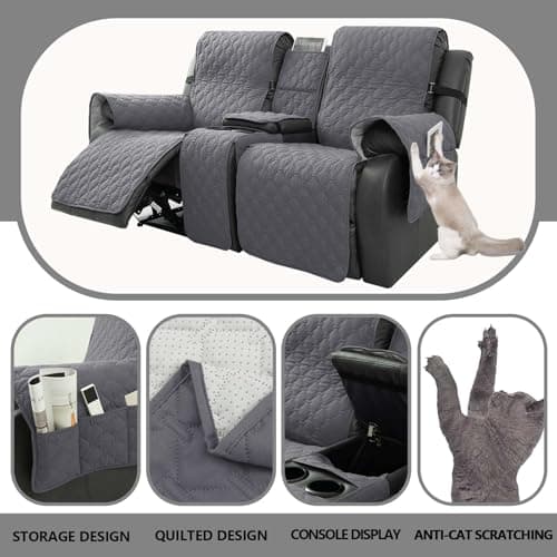 100% Waterproof Loveseat Recliner Cover with Center Console, Pets & Kids Protector (Grey)