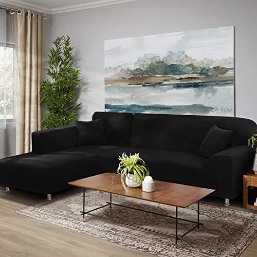 Black 2 Pcs Stretch Sectional Sofa Cover with Pillow Covers for L Shape Couch