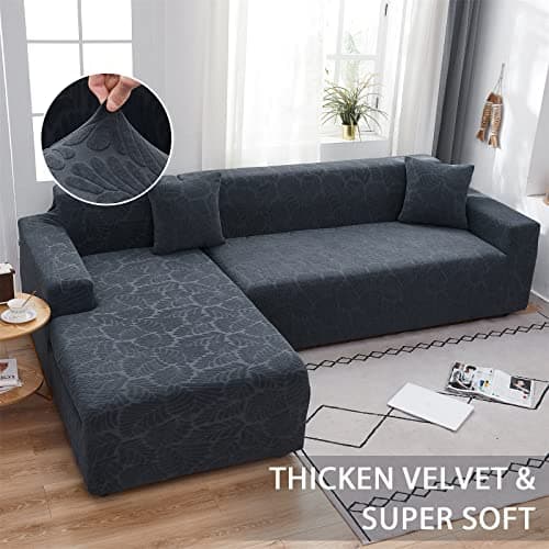 Wear-Resistant L-Shaped Couch Cover, Dark Gray B-Leaves, 2pcs + Pillowcases