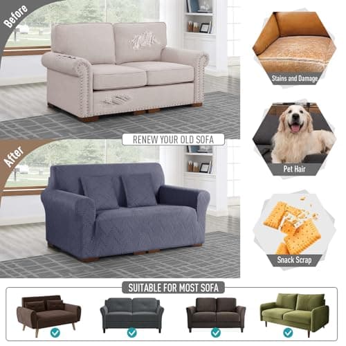 Ruaozz Grey Soft Jacquard 2 Seater Loveseat Sofa Cover & Throw Pillow Covers