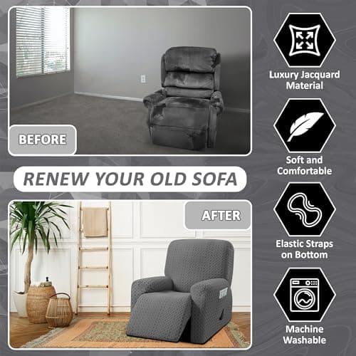 ULTICOR 4-Piece Jacquared Stretch Recliner Cover, Dark Grey
