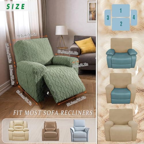 JOKIVTOU 4-Piece Stretch Recliner Chair Cover Set with Pocket Elastic Bottom