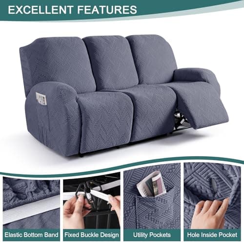 Ruaozz Custom Fit Recliner Sofa Covers with Pockets (3 Seater, Grey)