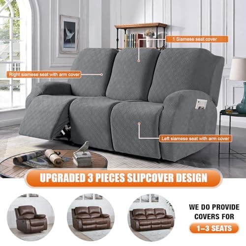 VANSOFY Dark Gray 3-Piece Stretch Recliner Couch Cover with Pockets
